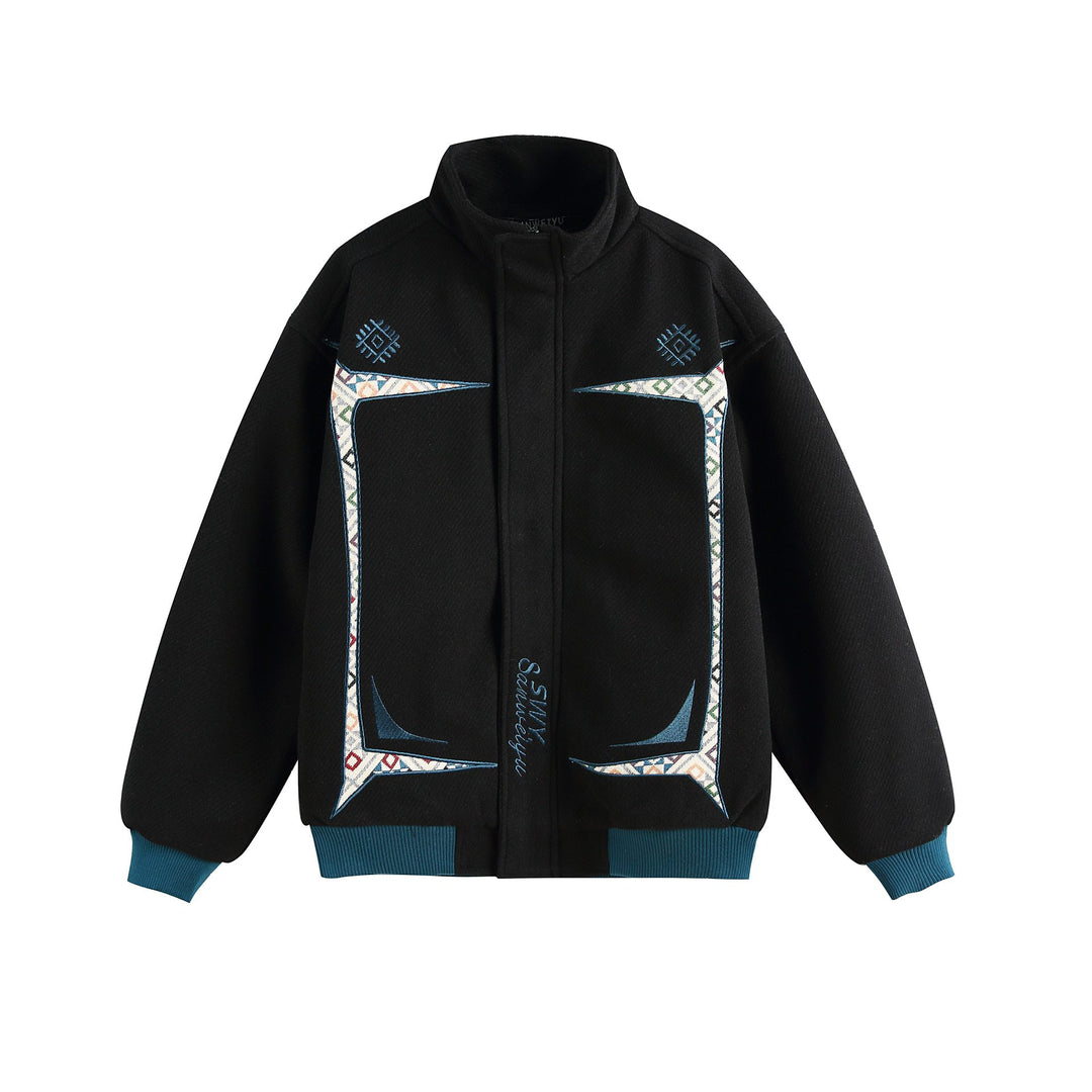 Women Lightweight Stand Collar Jacket with Folk Embroidery Appliqués and Ribbed Cuffs Mune Fashion