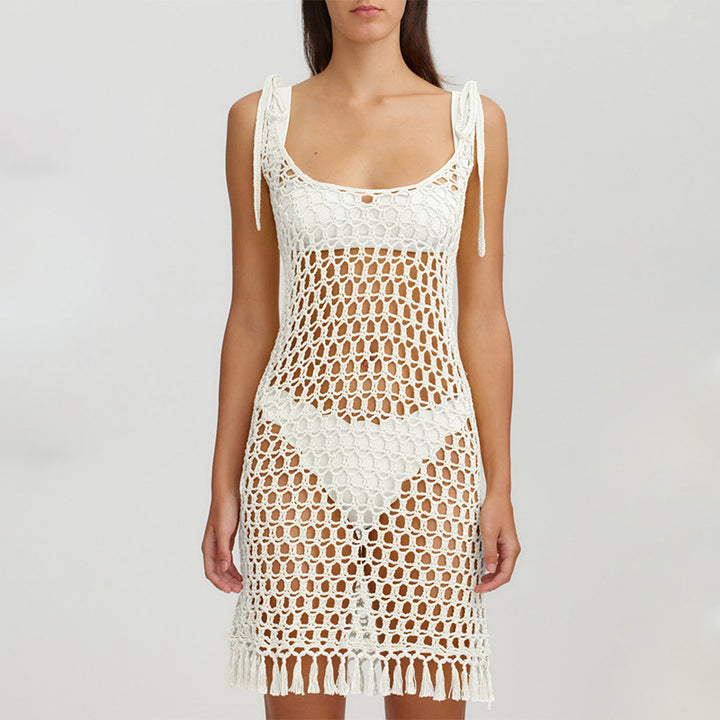 Women's transparent crochet beach cover-up with fringes Mune Fashion