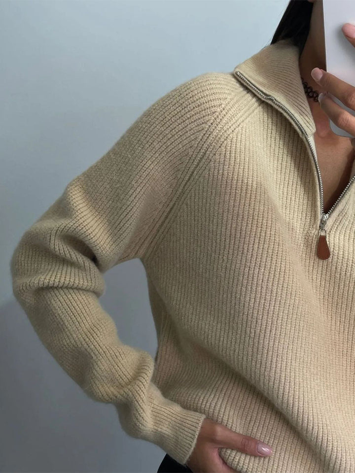 Women Ribbed Wool Blend Pullover with Half Zipper and Wide Stand-Up Collar Mune Fashion