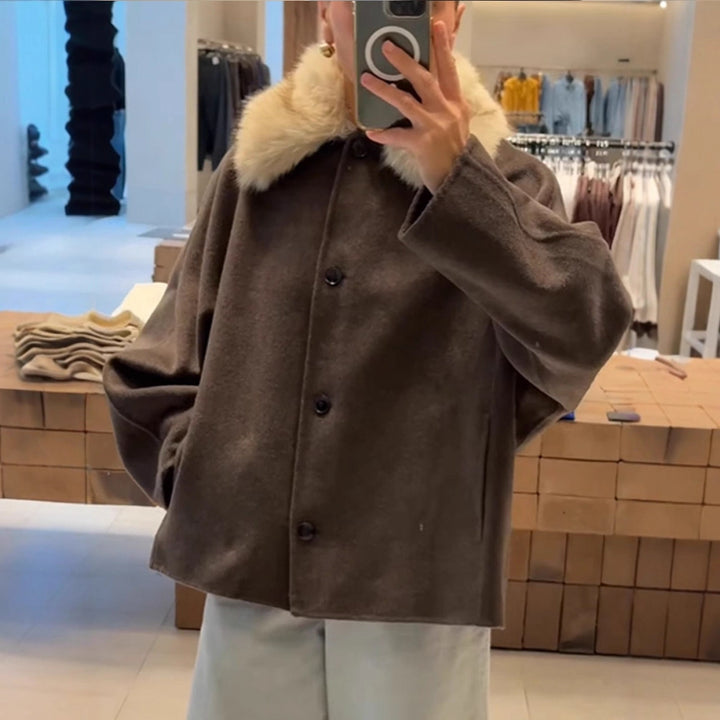 Women's Boxy-Cropped Wool Blend Jacket with Soft Faux Fur Shawl Collar Mune Fashion
