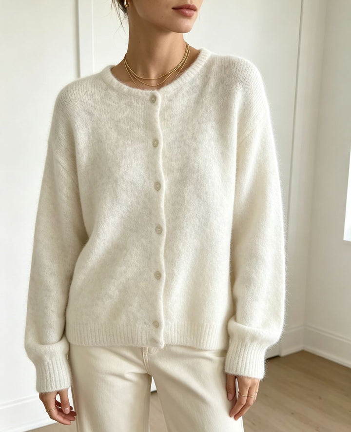 Ladies round neck cardigan with soft flormix, button closure and ribbed cuffs Mune Fashion