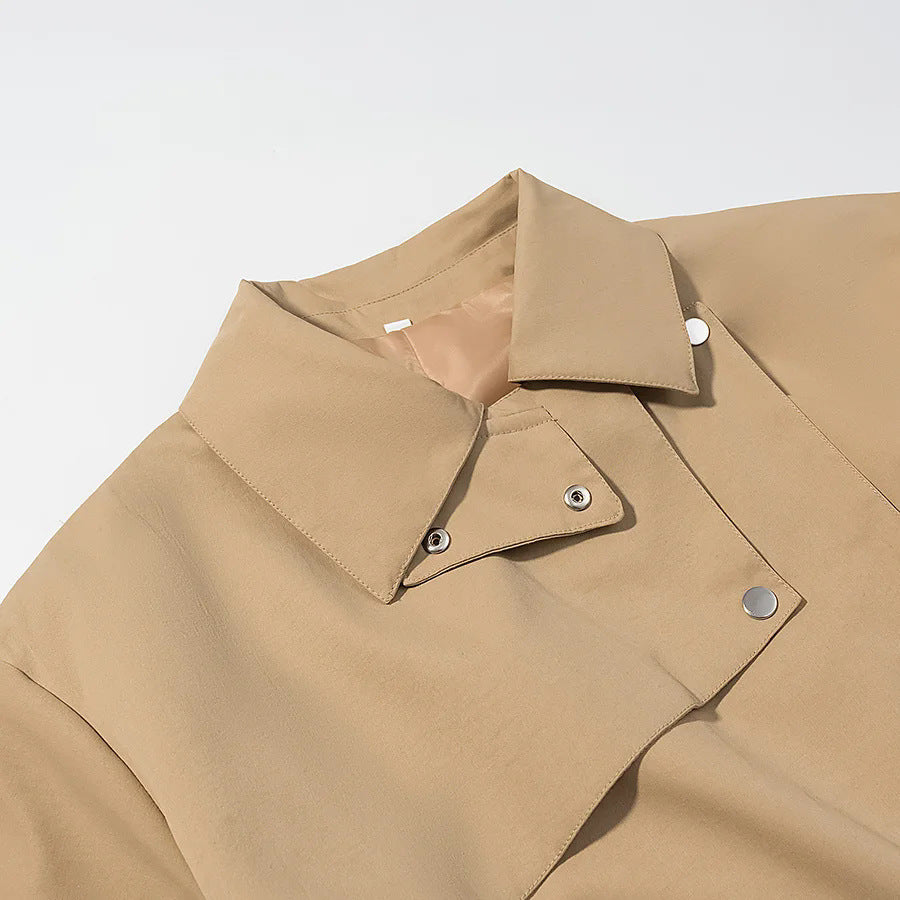 Women's tailored trench parka with tie belt, asymmetrical flap and large patch pockets Mune Fashion