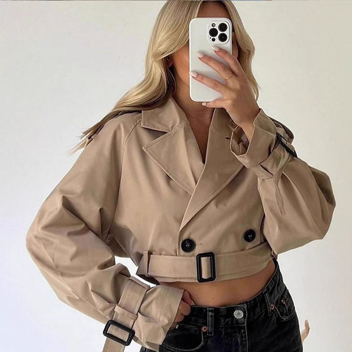 Women Short-Cut Trench-Cropped Coat with Waistbelt, Oversized Sleeves and Frayed Hem Mune Fashion