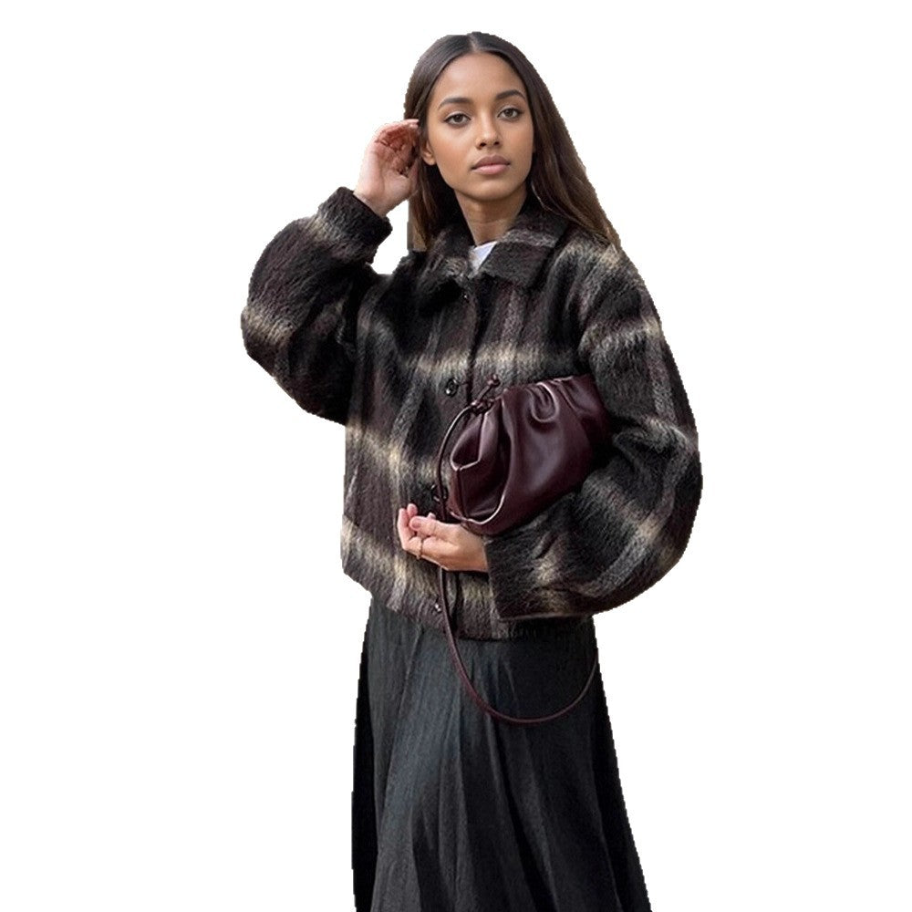 Women's short jacket in checked faux fur boxy cut with shawl collar Mune Fashion