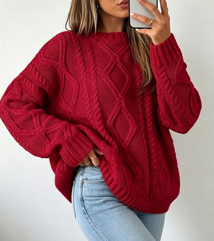 Women's Oversize Braided Knit Sweater with Cable Pattern and Round Neck Mune Fashion