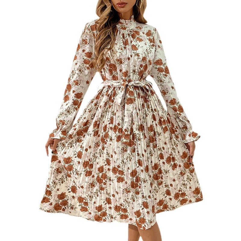 Women's Floral Midi Dress with Belt and Ruffle Details Mune Fashion