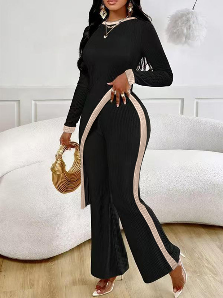 Women's elegant ribbed jumpsuit with asymmetrical wrap look, fitted cut-out, and contrasting side stripes Mune Fashion