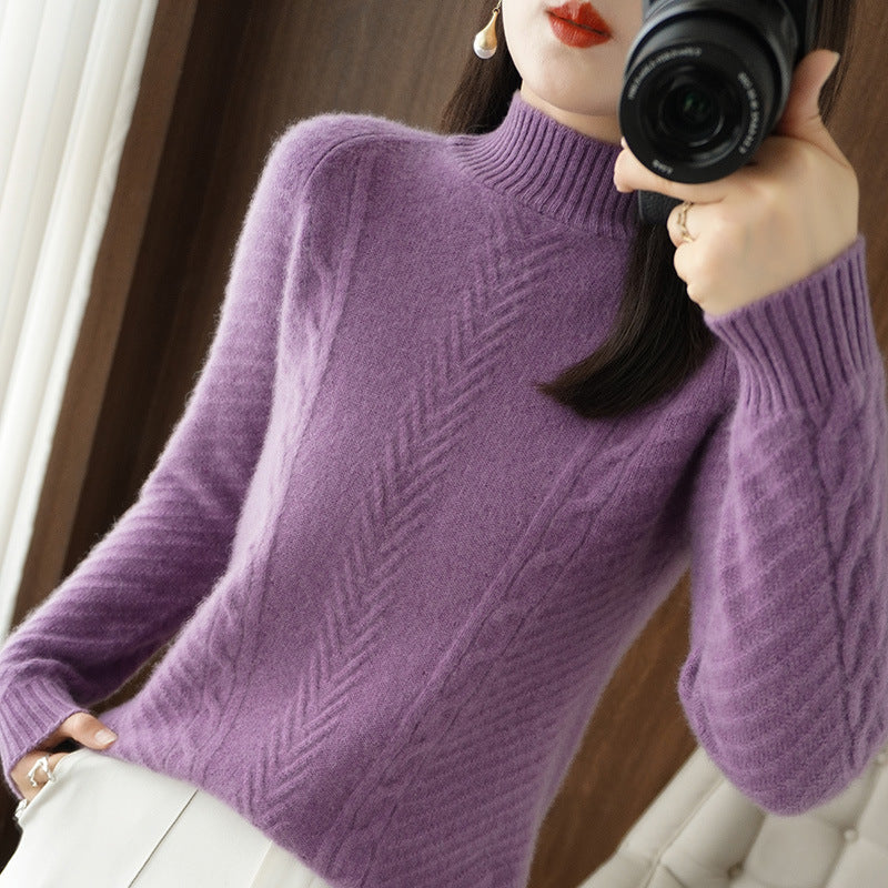 Women Lightweight Mohair-Look Stand Collar Sweater with Cable-Lace and Tailored Silhouette Mune Fashion