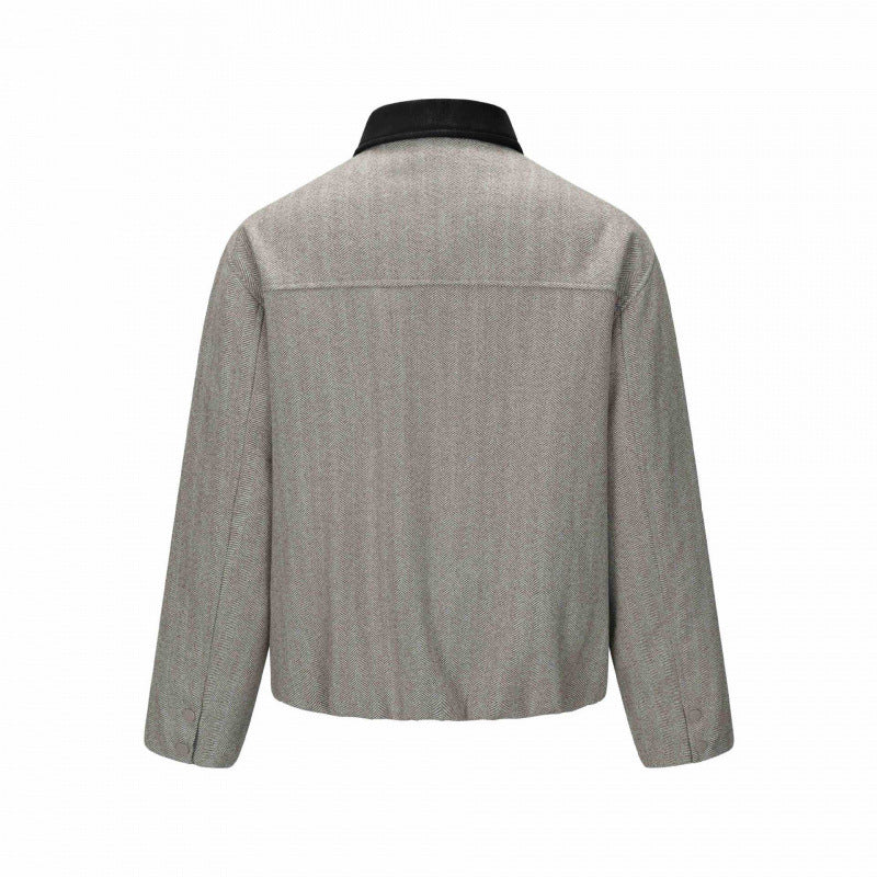 Men's short jacket in herringbone wool blend with leather collar and concealed closure Mune Fashion