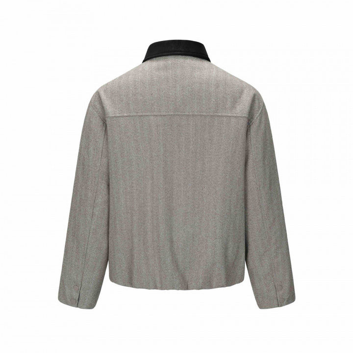 Men's short jacket in herringbone wool blend with leather collar and concealed closure Mune Fashion