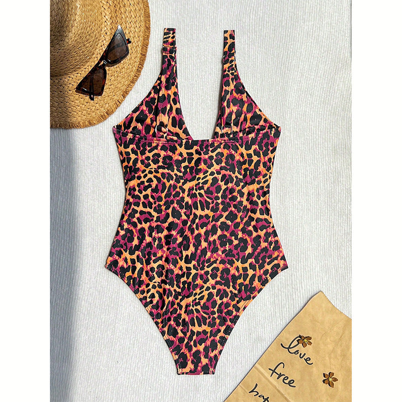 Women’s One-Piece Swimsuit with Deep V-Neck and Animal Print Mune Fashion