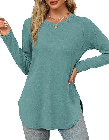 Women's Casual Long Sleeve Tunic Top with Round Neck, Side Slits and Watercolor Leaf Print Mune Fashion