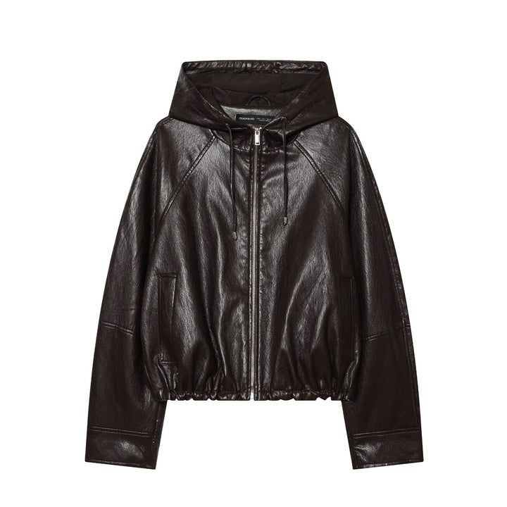 Women's short faux leather bomber jacket with hood, zipper and elastic hem Mune Fashion