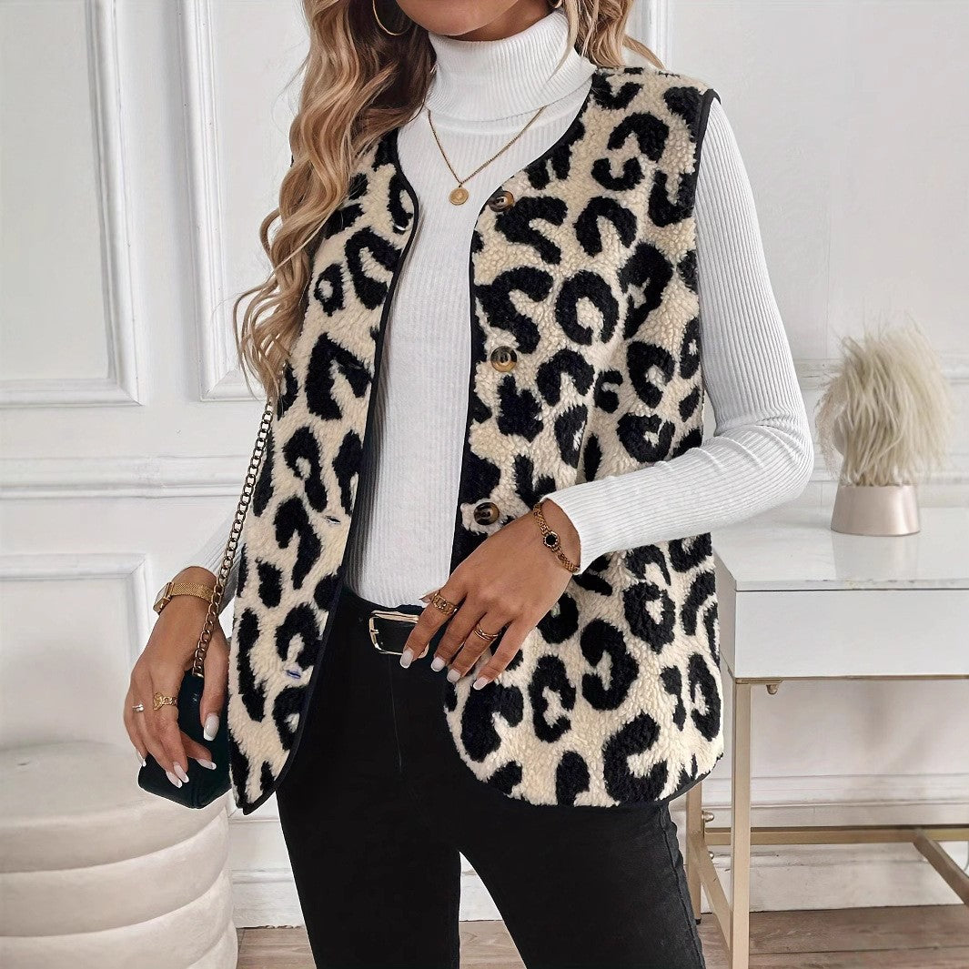 Women Sleeveless Teddy Vest with Leo Pattern, Button Placket and Curved Hem Mune Fashion