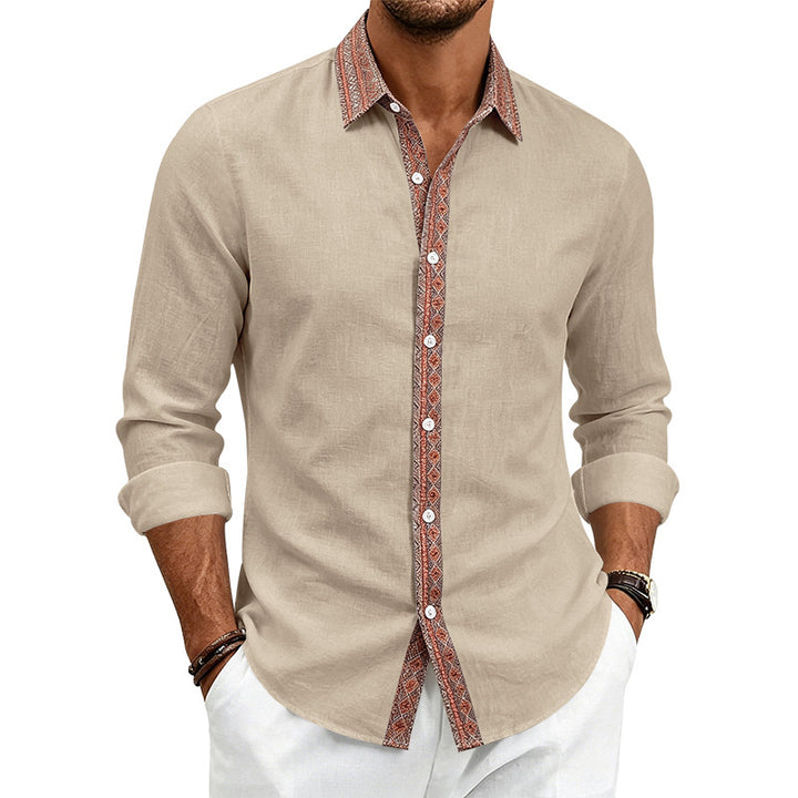 Men's Linen Look Shirt with Contrasted Ethno Trim and Continuous Button Placket Mune Fashion