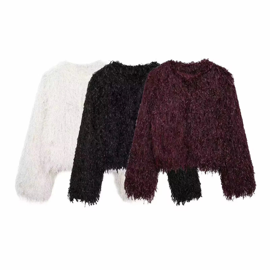 Women's short faux fur jacket with shaggy fringe texture, soft lining and boxy cropped cut Mune Fashion