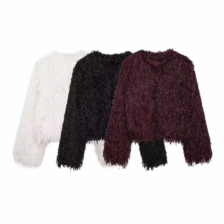 Women's short faux fur jacket with shaggy fringe texture, soft lining and boxy cropped cut Mune Fashion
