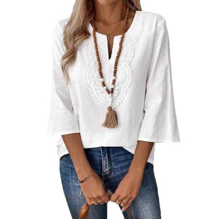 Women's Embroidered Linen Tunic with V-Neck and Three-Quarter Sleeves Mune Fashion
