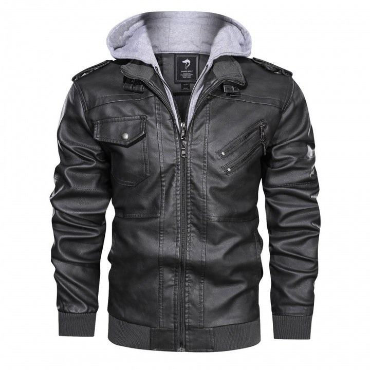 Men's Faux Leather Biker Jacket with Integrated Hood Layer, Multiple Pockets and Ribbed Cuffs Mune Fashion