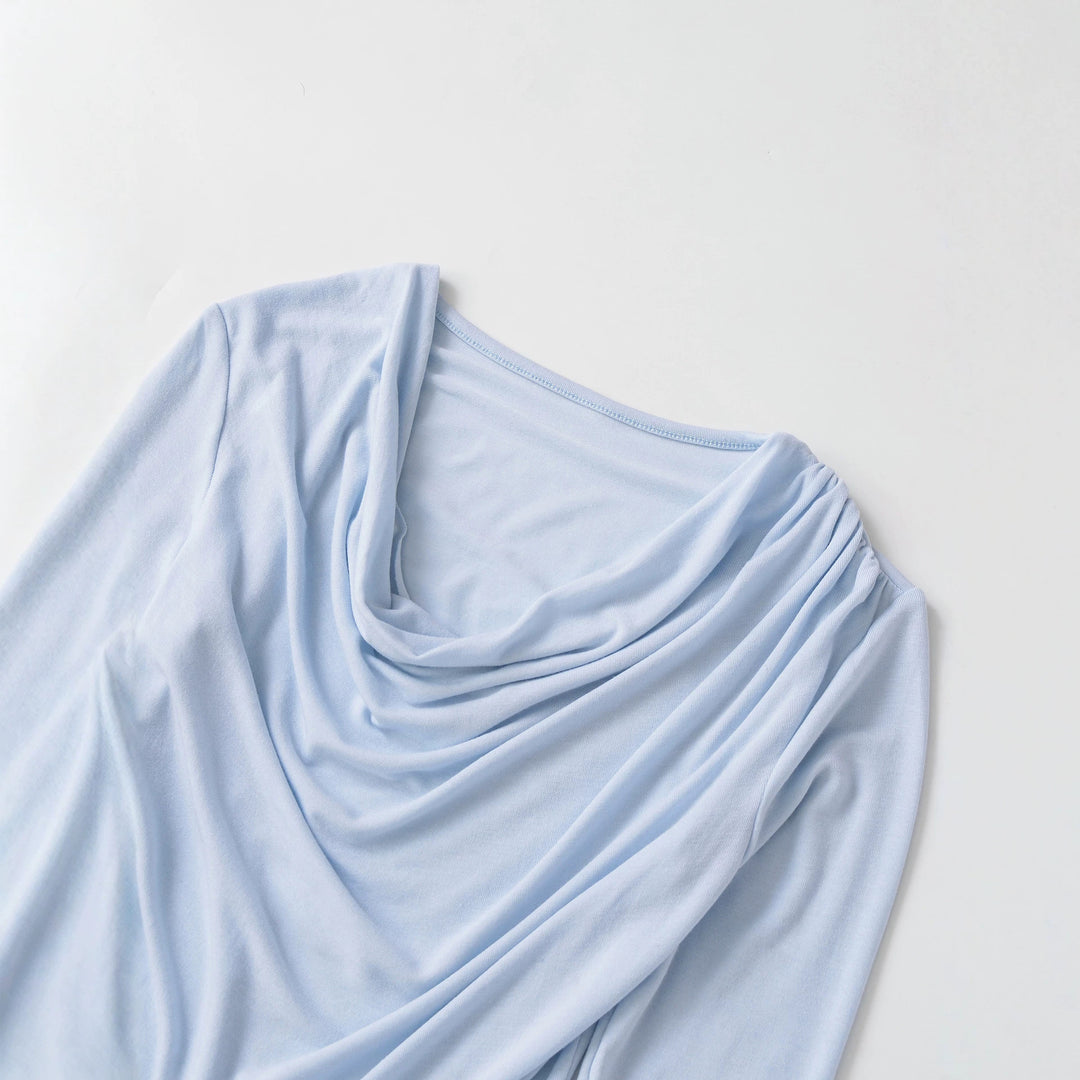 Women's Waterfall Collar Long Sleeve Shirt with Draping and Tailored Wrap Look Mune Fashion