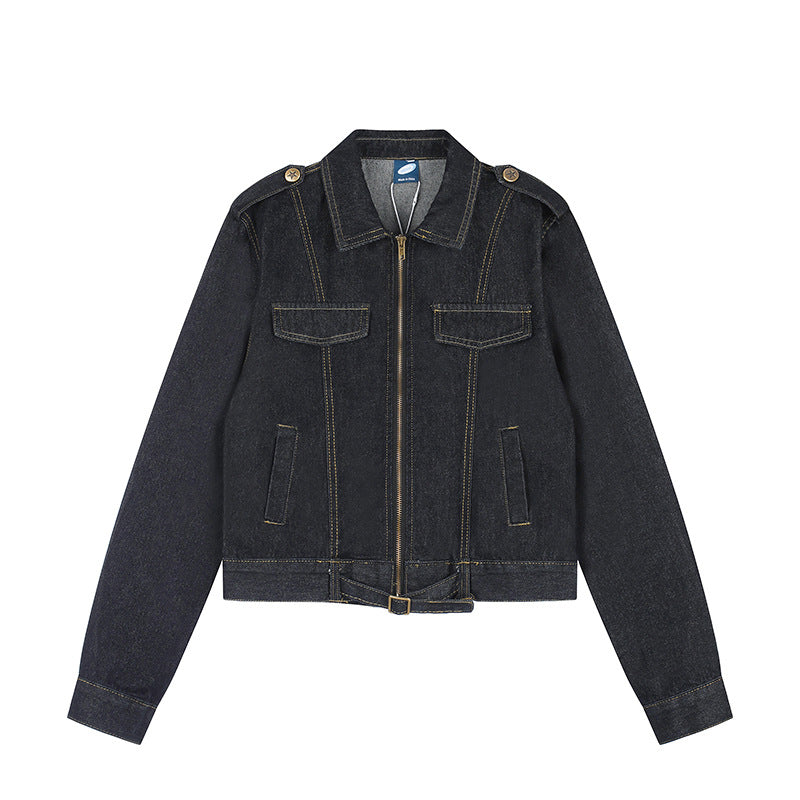 Women Short Cut Denim Jacket with Epaulettes, Zipper and Waist Belt Mune Fashion