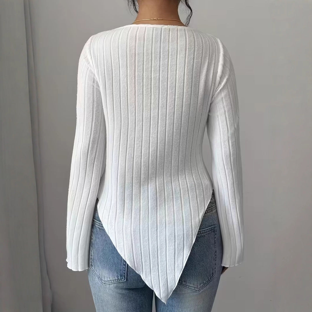 Women Asymmetrical Ribbed Fine Knit Sweater with V-Neck Mune Fashion