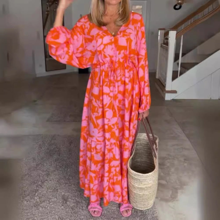 Ladies airy tiered maxi dress with V-neck tunnel waist and balloon sleeves Mune Fashion