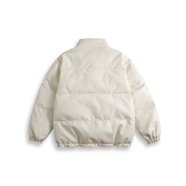 Unisex Short Cut Padded Faux Leather Puffer with High Standing Collar and Badge Details Mune Fashion