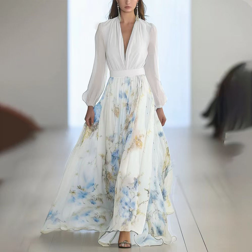 Women's flowing chiffon maxi dress with deep V-neck, fitted waistband, and long bell skirt Mune Fashion