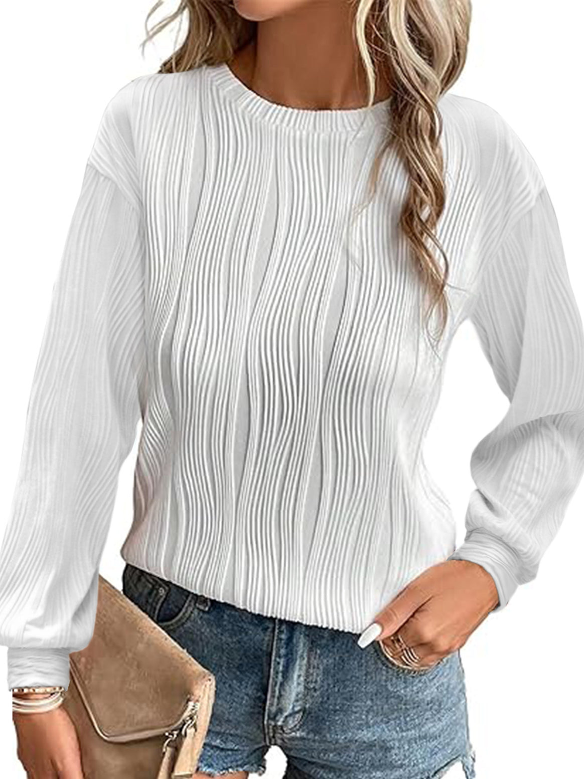 Women Pleated Fine Knit Long Sleeve with Round Neck Mune Fashion