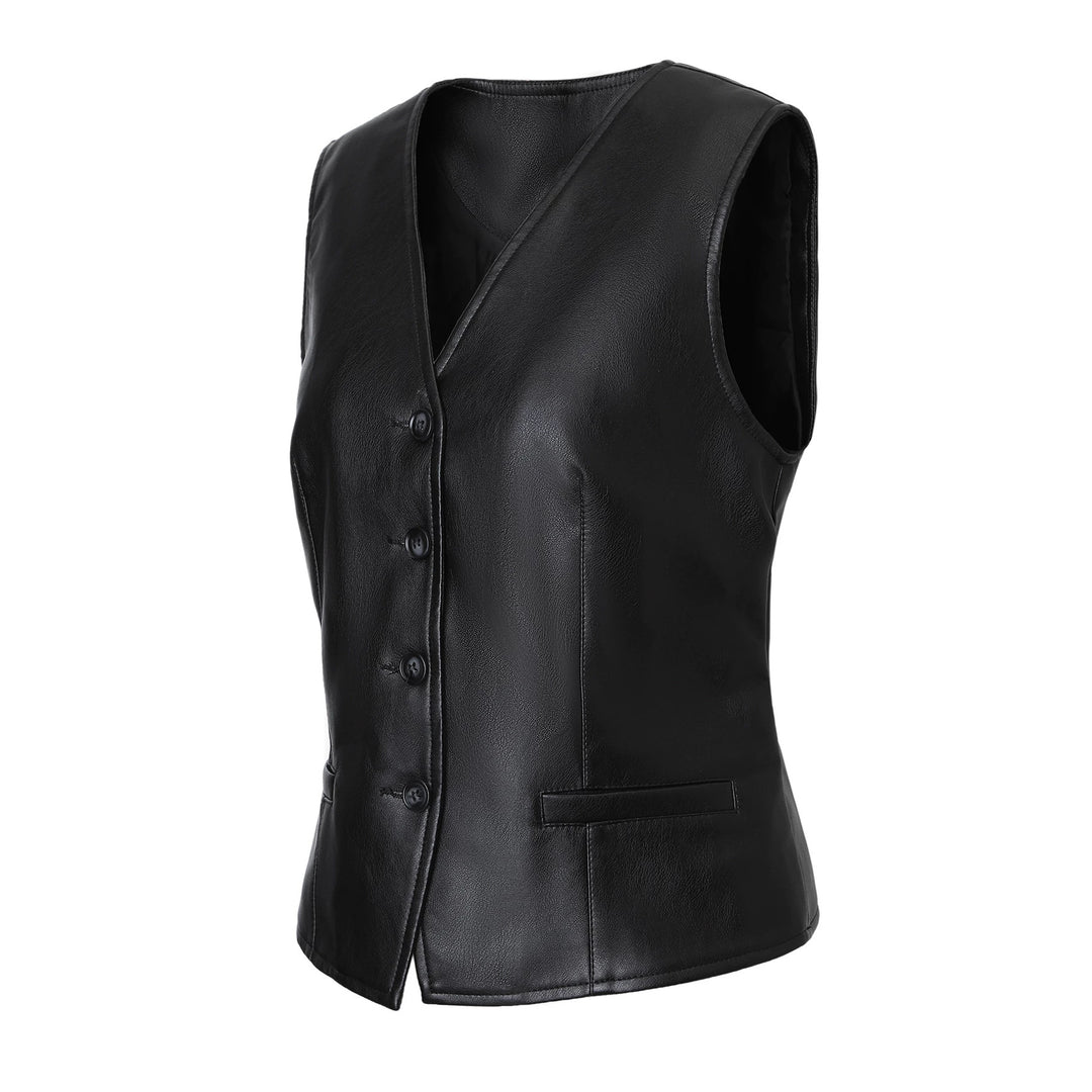 Women Tailored Leather Vest with V-Neck and Button Placket Mune Fashion