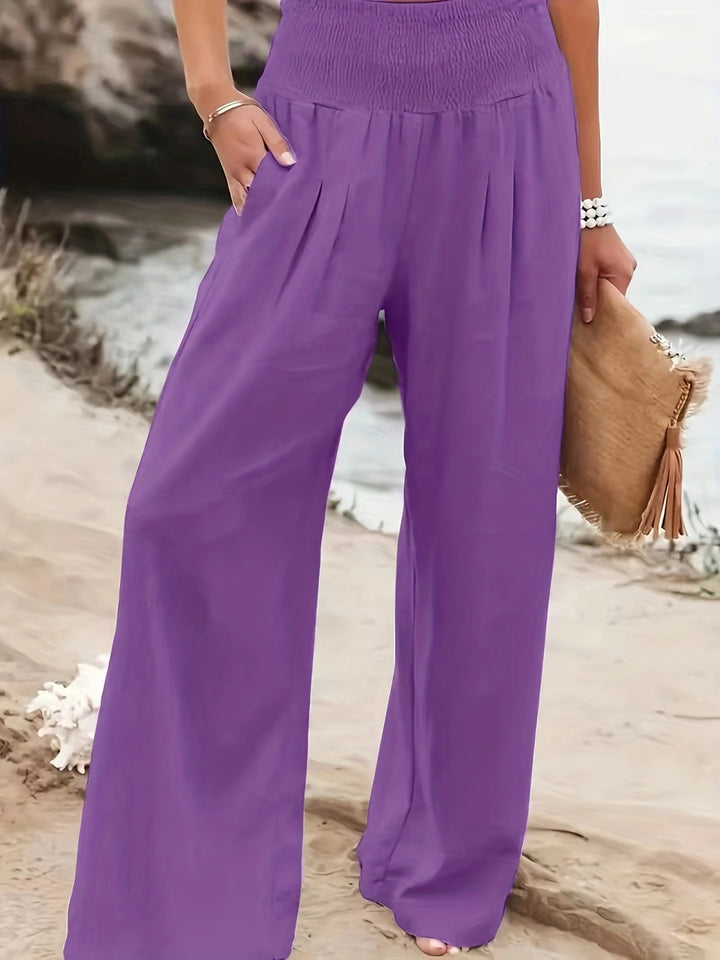 Women's Wide Linen Pants with Smocked Band and Side Pockets Mune Fashion