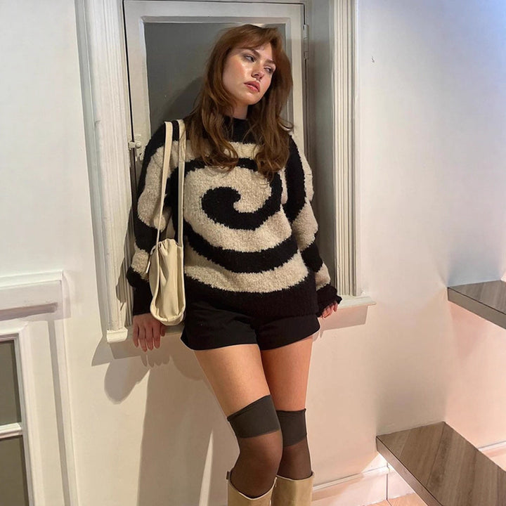 Ladies Oversize Boucle Sweater with Spiral Jacquard and High Round Neck