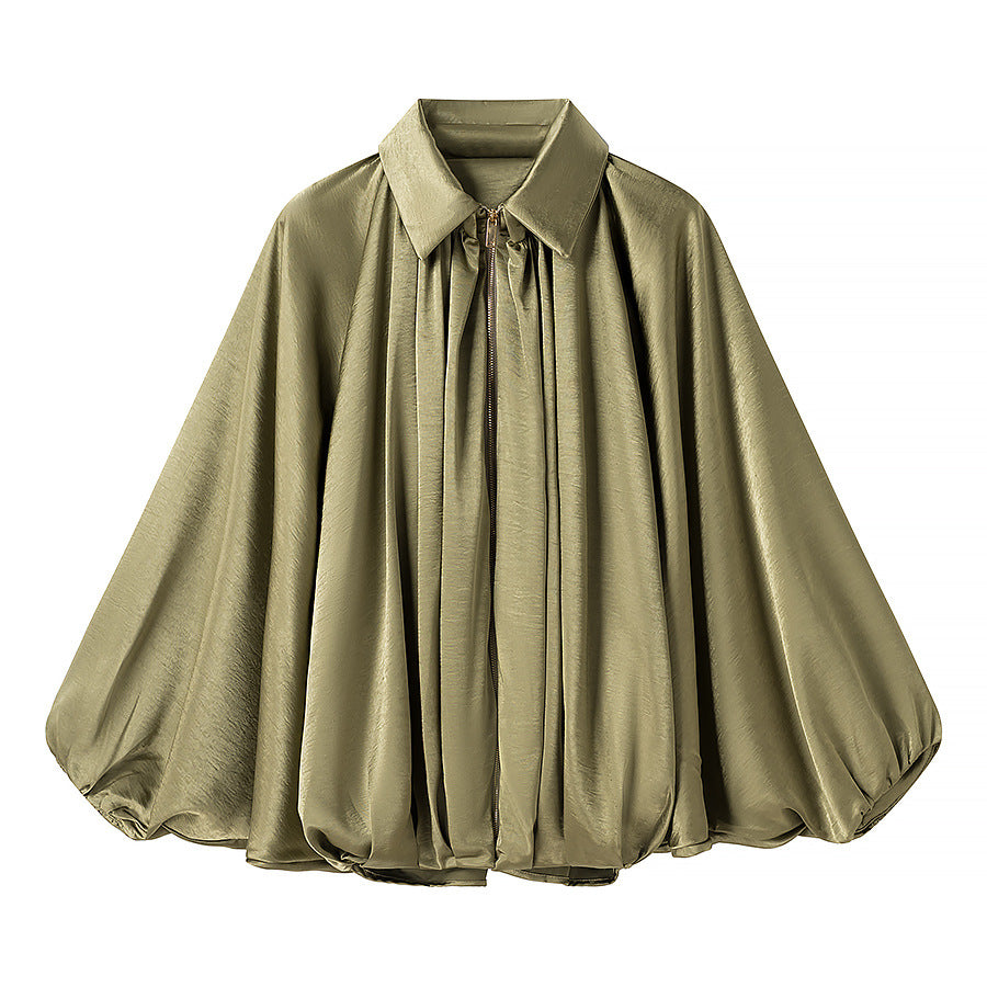 Women's satin cape blouse with zipper, balloon sleeves and gathered hem Mune Fashion