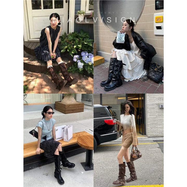 Women's knee-high slouch boots made of synthetic leather with adjustable buckles and textured platform heel Mune Fashion