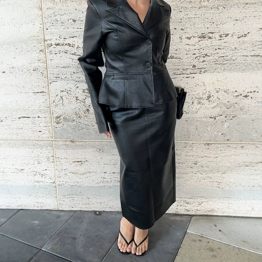 Women's Tailored Faux Leather Blazer with Princess Seams and Lapel Collar Mune Fashion