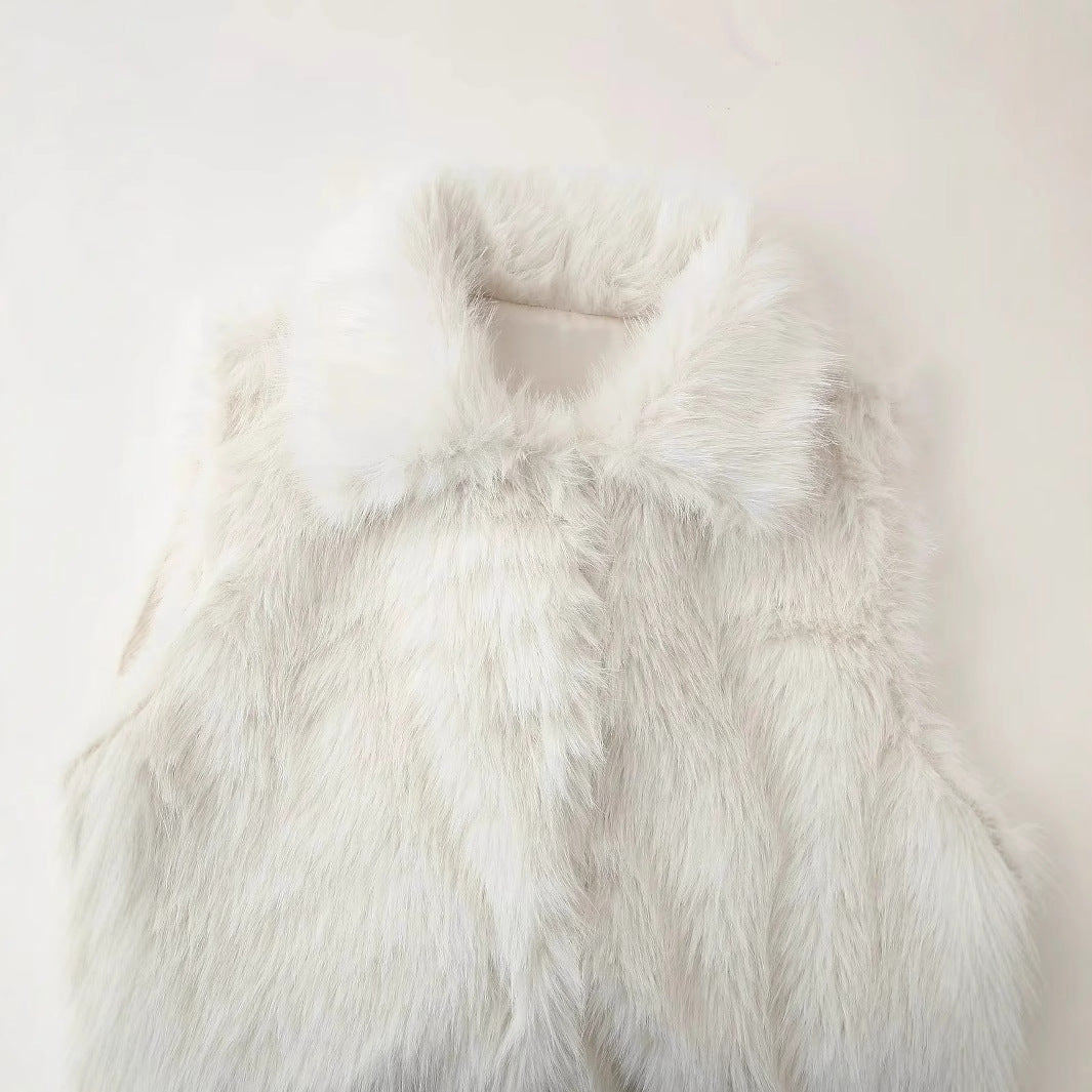 Women’s sleeveless faux fur vest with wide shawl collar, concealed snap button placket and warming lining Mune Fashion