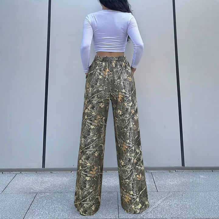 Women's Wide Palazzo Lounge Pants in Camouflage Leaf Pattern with Elastic Waistband, Drawstring and Side Pockets Mune Fashion