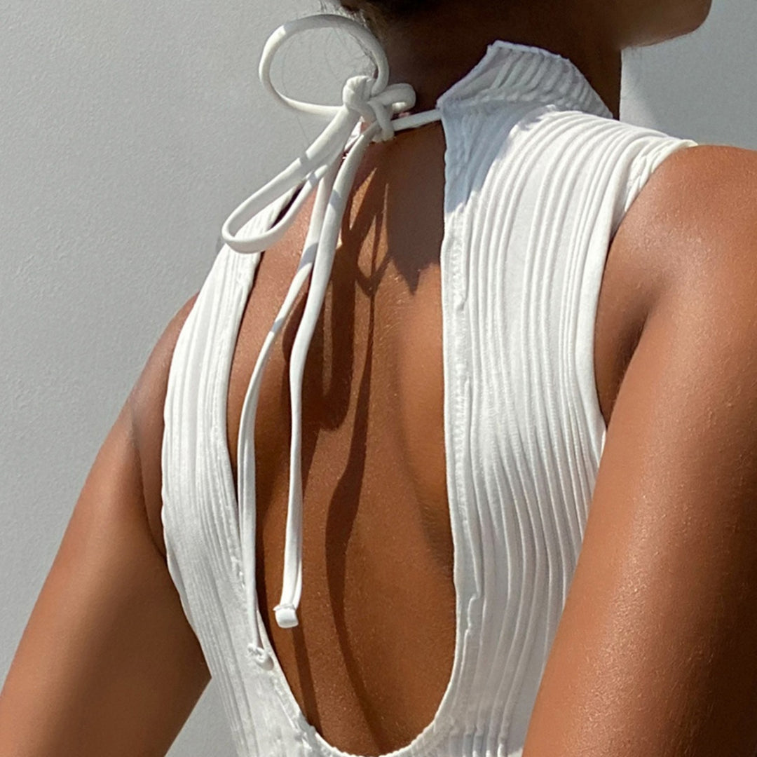 Women's Elegant High Neck Swimsuit with Fine Rib Details Mune Fashion