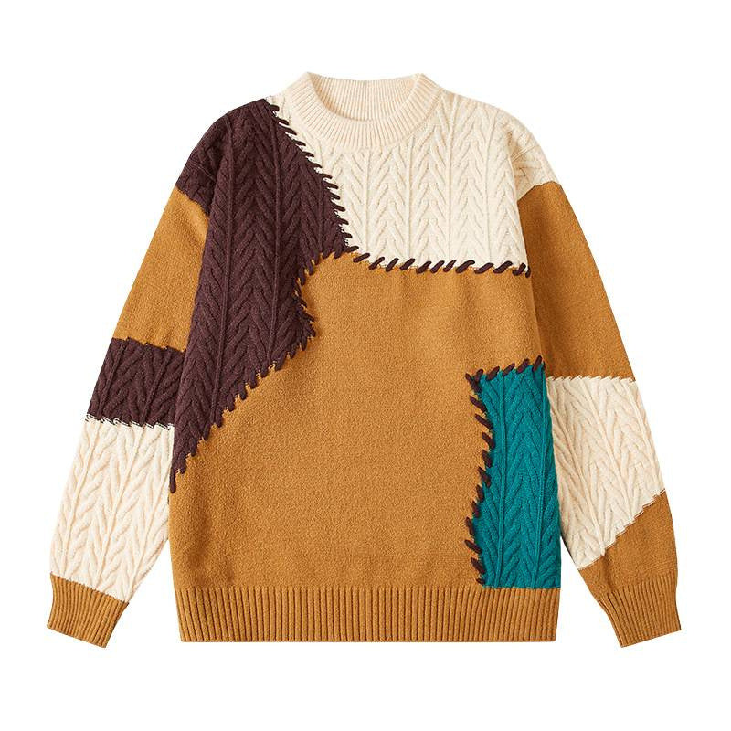 Men's structured patchwork knit sweater with cable pattern and round neck Mune Fashion