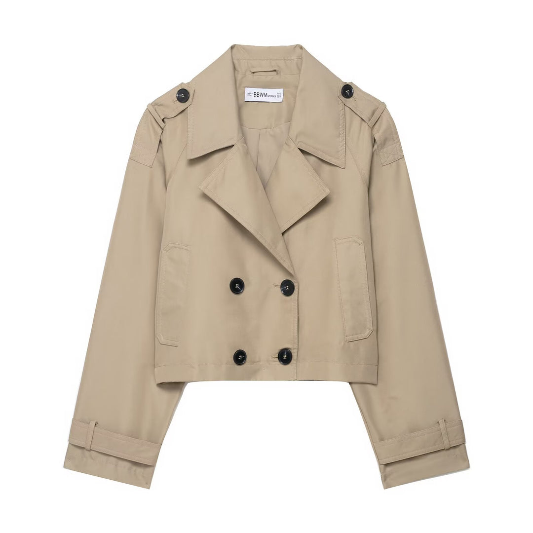 Women's Cropped Double-Breasted Trench Coat with Epaulettes, Wide Lapels and Adjustable Sleeve Straps Mune Fashion