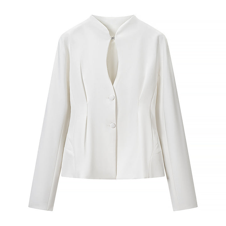 Women Tailored Short Blazer with Keyhole Collar and Tonal Decorative Buttons Mune Fashion