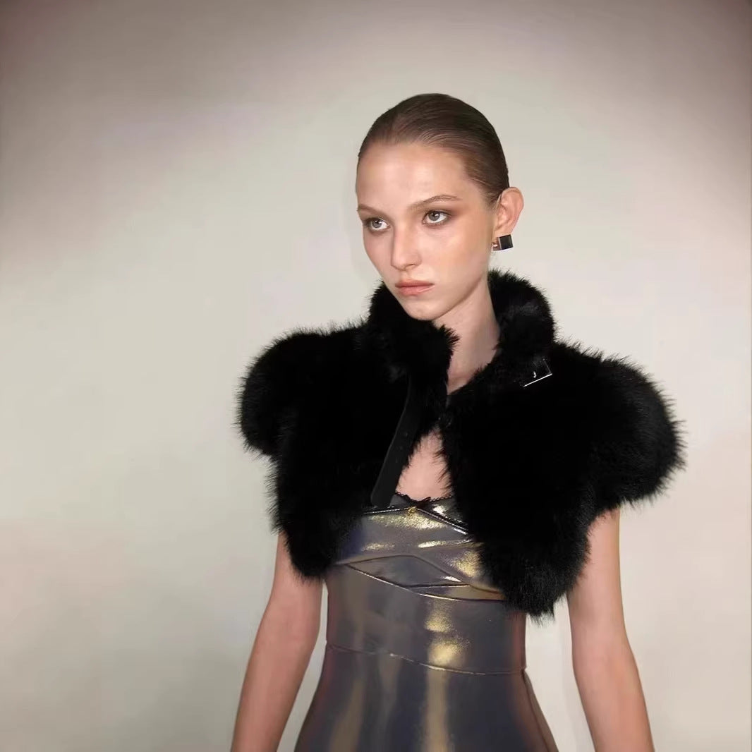 Women's Cropped Faux Fur Bolero with Voluminous Shawl Collar and Puff Sleeves Mune Fashion