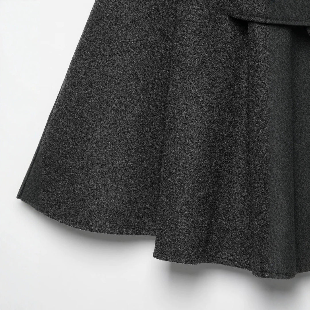Women's Wool Cape Coat with Stand-up Collar, Button Closure and Belt Tie Drune