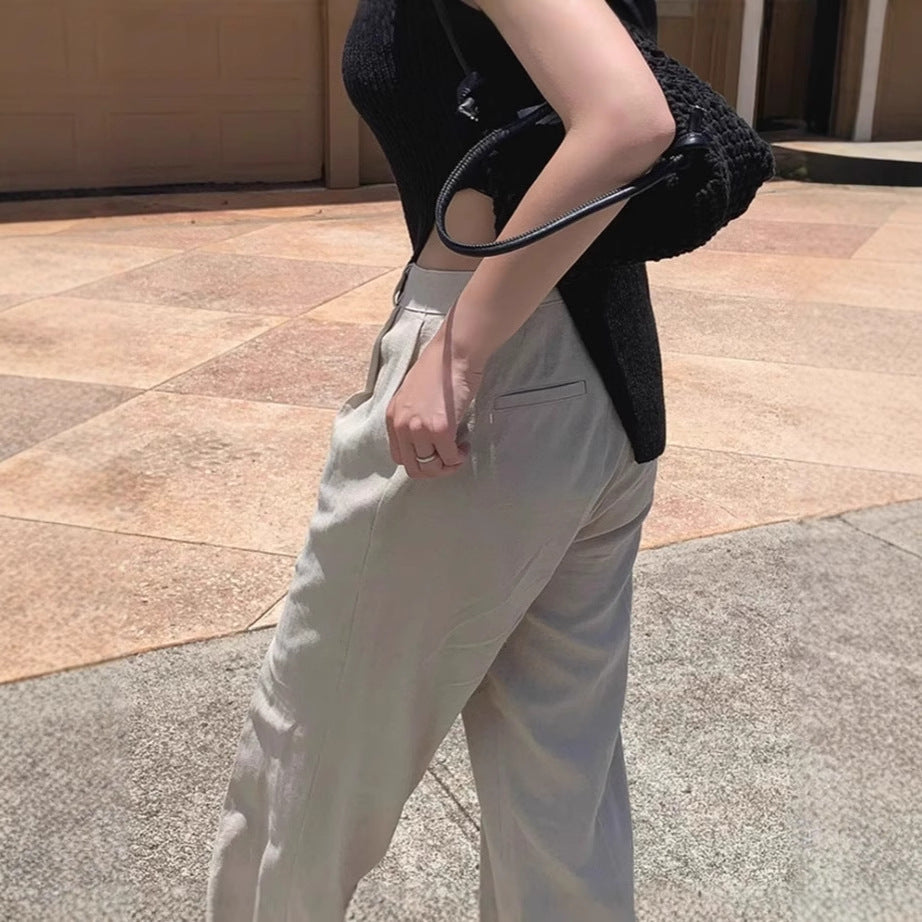 Women Wide Linen Blend Pants with High Waist, Crease and Side Pockets Mune Fashion