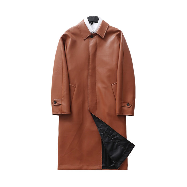 Men's longer minimalist faux leather coat with shirt collar, concealed button placket, and straight cut Mune Fashion