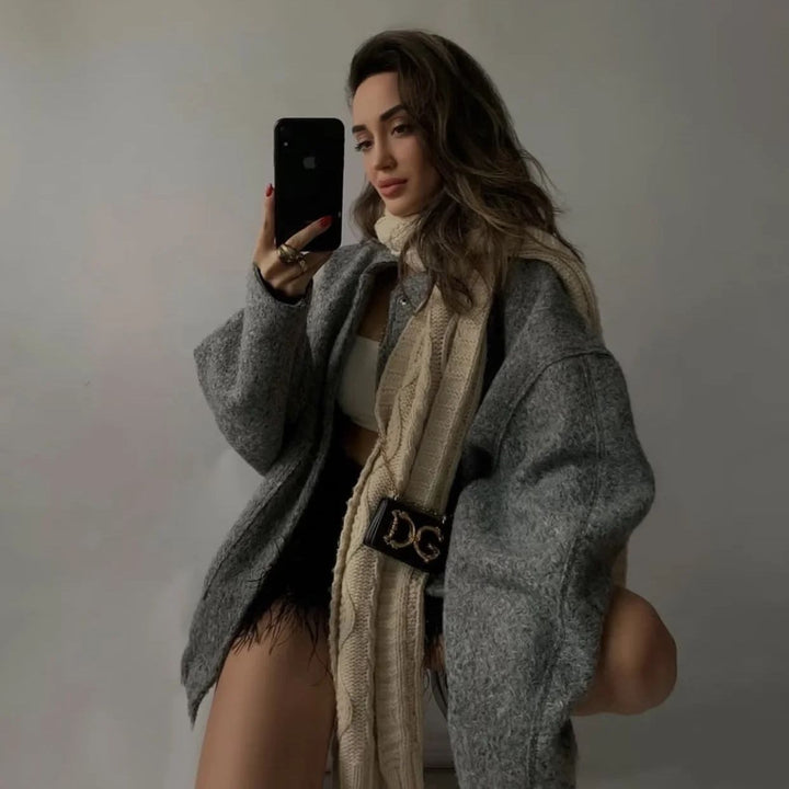 Women's Oversize Fleece Jacket with Stand-Up Collar, Patch Front Pockets, and Elastic Hem Mune Fashion