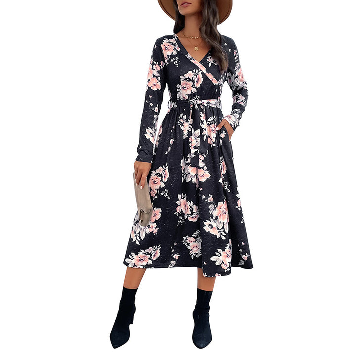 Women's Wrap Midi Dress with Fitted Tie Belt, Flared Skirt and V-Neck Mune Fashion