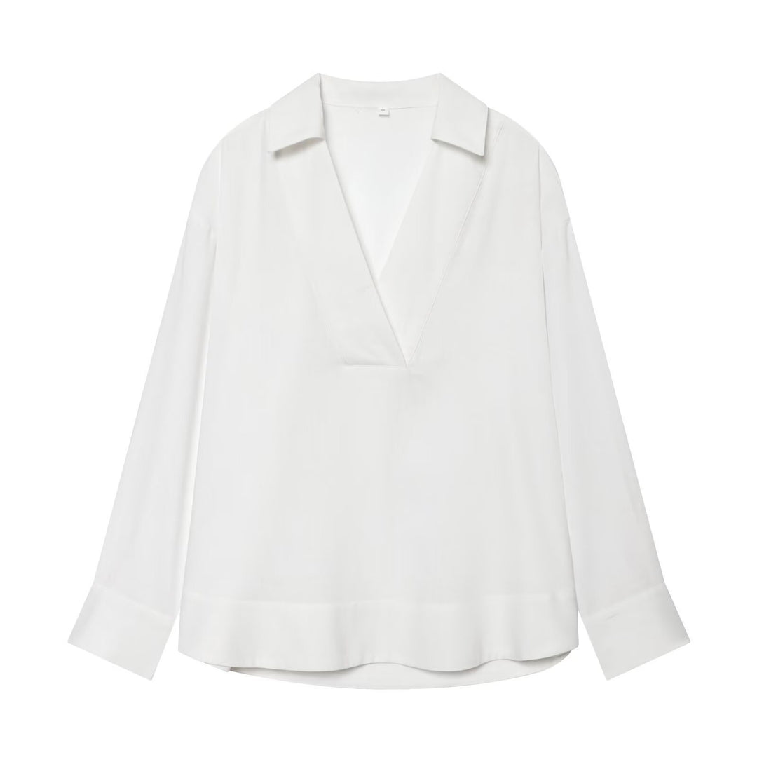 Women's loose linen look tunic with deep V-neck and shirt collar Mune Fashion