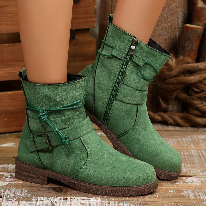 Ladies ankle-high suede-look ankle boots with leopard print pleat, side zipper and decorative buckle Mune Fashion